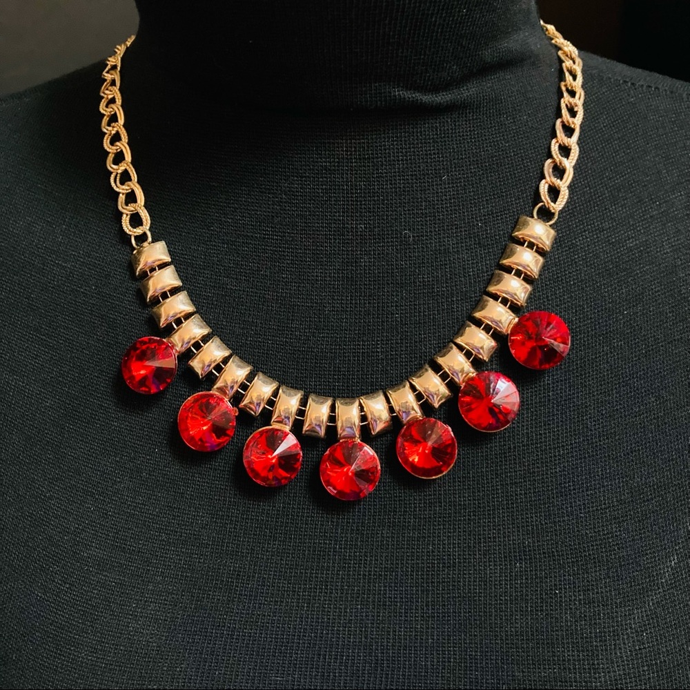 Vtg Gold Ruby Statement Necklace - image 2